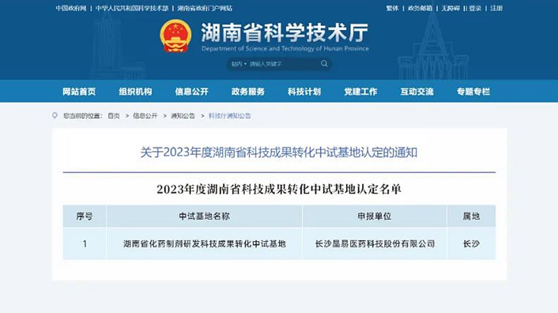 晶易醫(yī)藥獲“湖南省科技成果轉(zhuǎn)化中試基地”認(rèn)定！